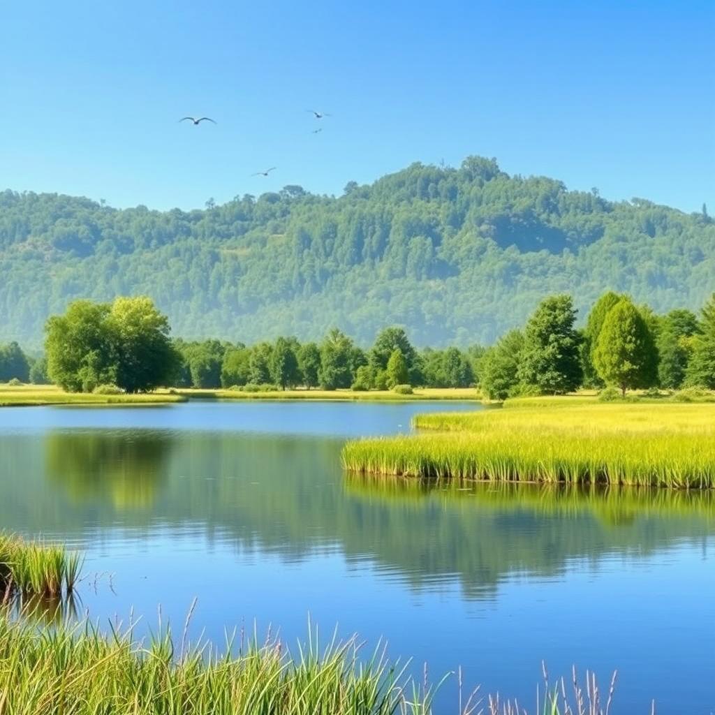 Create an image of a serene landscape featuring a clear blue sky, a calm lake surrounded by lush green trees, and a few birds flying in the distance