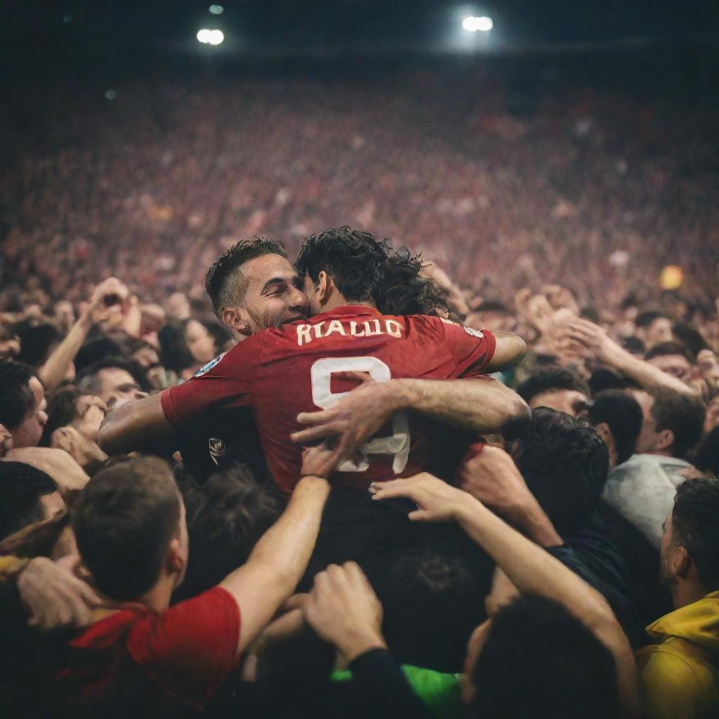 A vibrant image of footballers warmly embracing their ecstatic fans in a crowded stadium under the bright stadium lights.