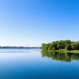 Create an image of a serene landscape featuring a clear blue sky, a calm lake surrounded by lush green trees, and a few birds flying in the distance