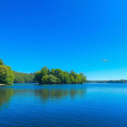 Create an image of a serene landscape featuring a clear blue sky, a calm lake surrounded by lush green trees, and a few birds flying in the distance