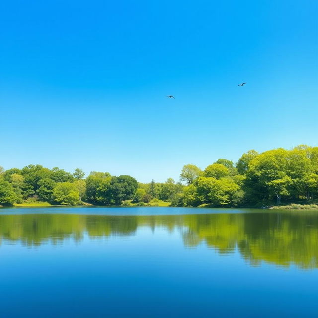 Create an image of a serene landscape featuring a clear blue sky, a calm lake surrounded by lush green trees, and a few birds flying in the distance