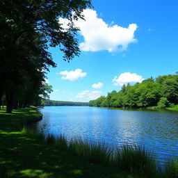 A serene landscape featuring a calm lake surrounded by lush green trees, with a clear blue sky and a few fluffy white clouds