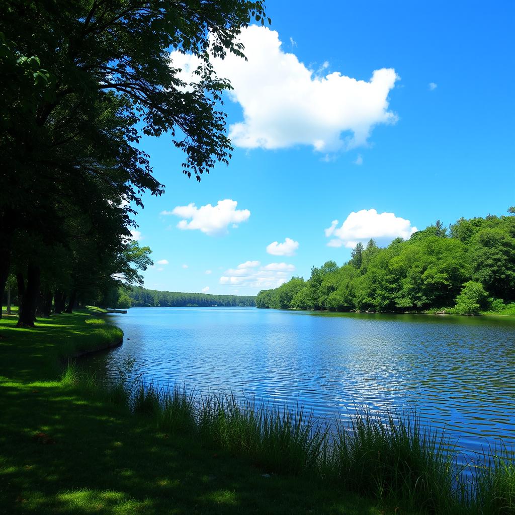 A serene landscape featuring a calm lake surrounded by lush green trees, with a clear blue sky and a few fluffy white clouds
