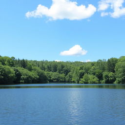 A serene landscape featuring a calm lake surrounded by lush green trees, with a clear blue sky and a few fluffy white clouds