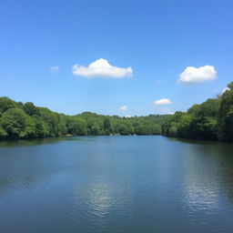 A serene landscape featuring a calm lake surrounded by lush green trees, with a clear blue sky and a few fluffy white clouds