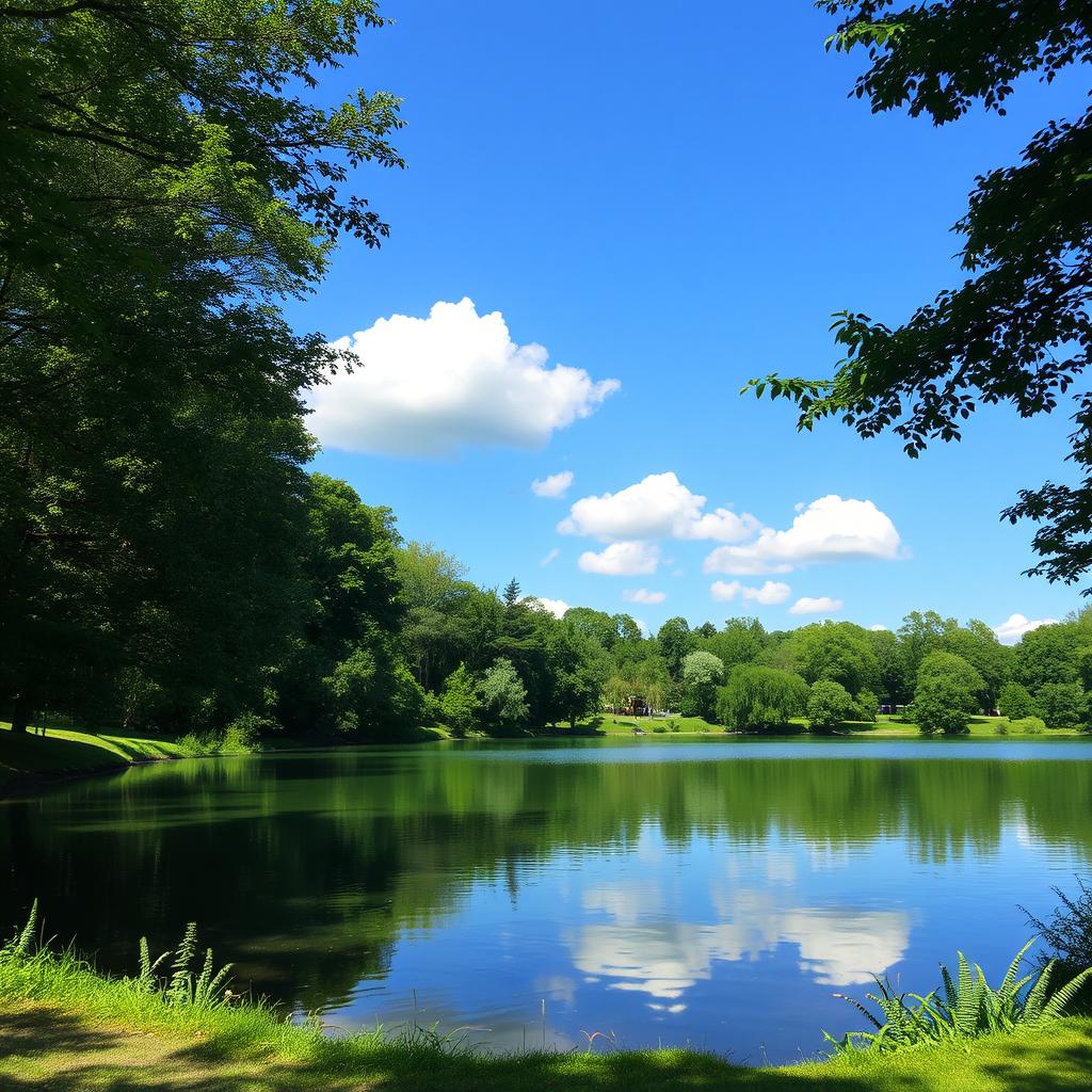 A serene landscape featuring a calm lake surrounded by lush green trees, with a clear blue sky and a few fluffy white clouds