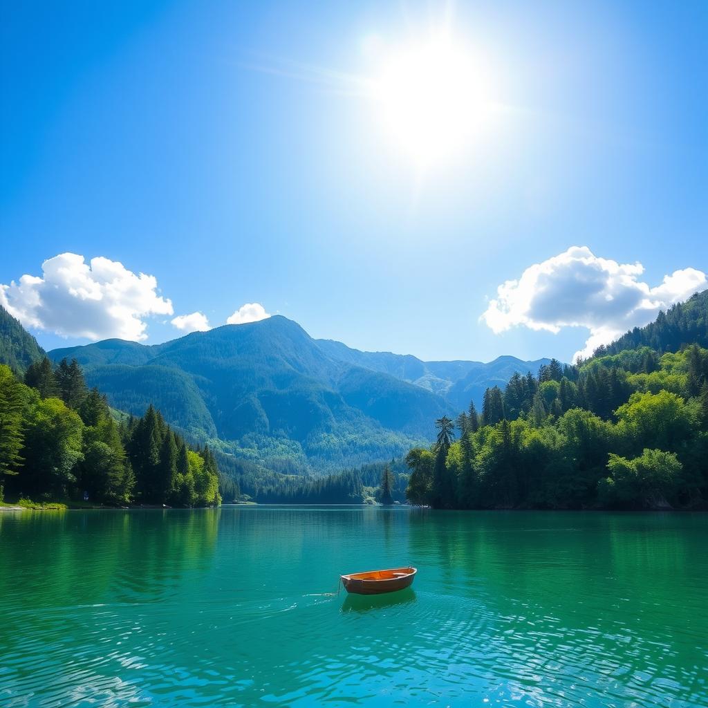 A beautiful landscape featuring a serene lake surrounded by lush green trees and mountains in the background