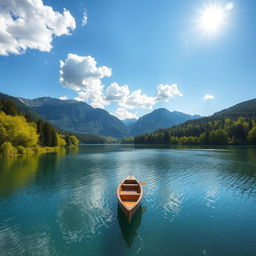 A beautiful landscape featuring a serene lake surrounded by lush green trees and mountains in the background