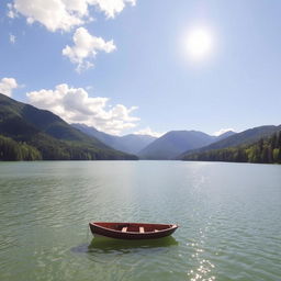 A beautiful landscape featuring a serene lake surrounded by lush green trees and mountains in the background