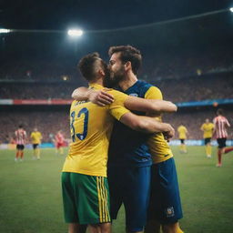 A vibrant image of footballers warmly embracing their ecstatic fans in a crowded stadium under the bright stadium lights.