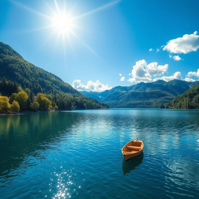 A beautiful landscape featuring a serene lake surrounded by lush green trees and mountains in the background