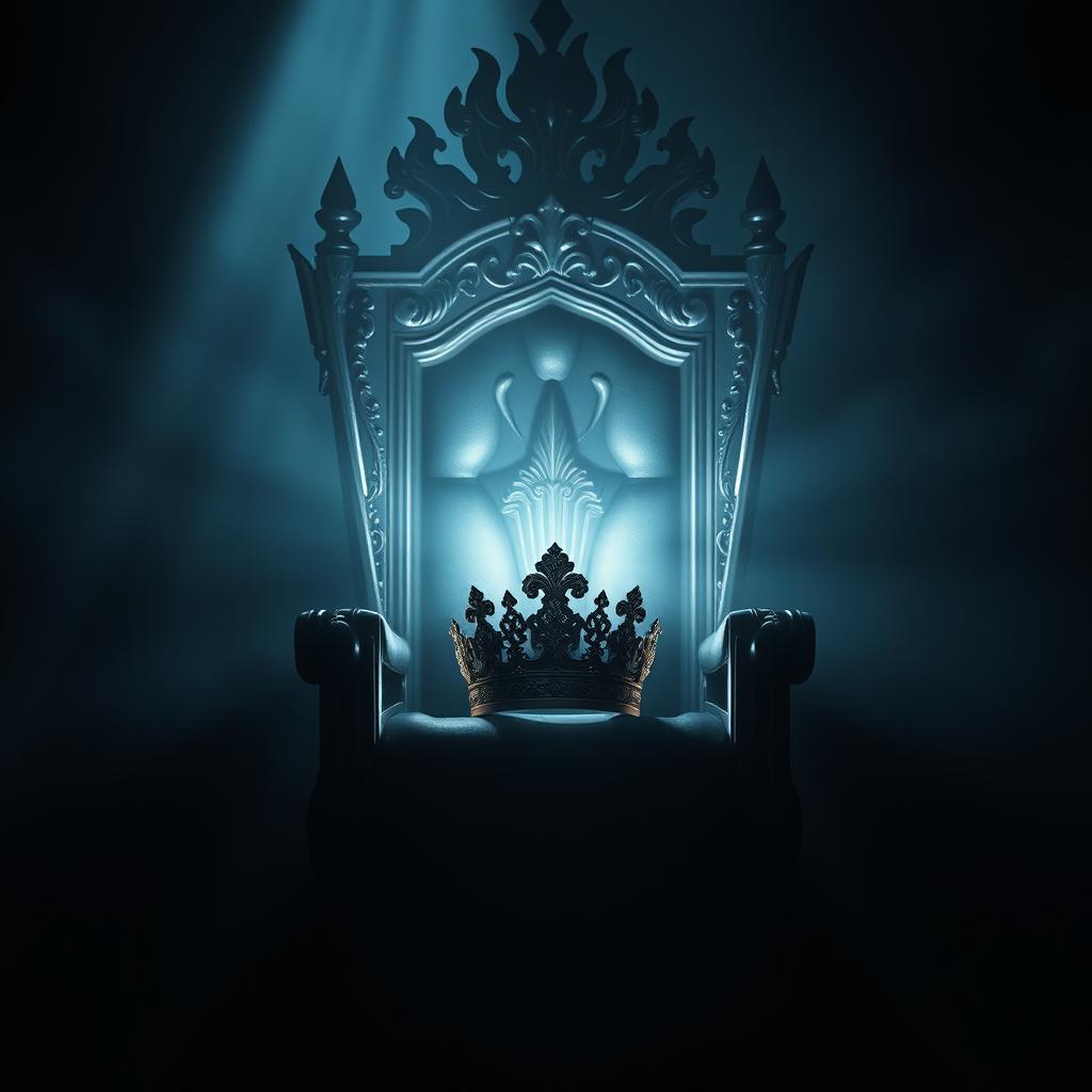 A majestic throne surrounded by eerie shadows, with a beautifully ornate crown sitting on the seat, illuminated by a faint, mysterious light