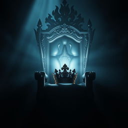 A majestic throne surrounded by eerie shadows, with a beautifully ornate crown sitting on the seat, illuminated by a faint, mysterious light