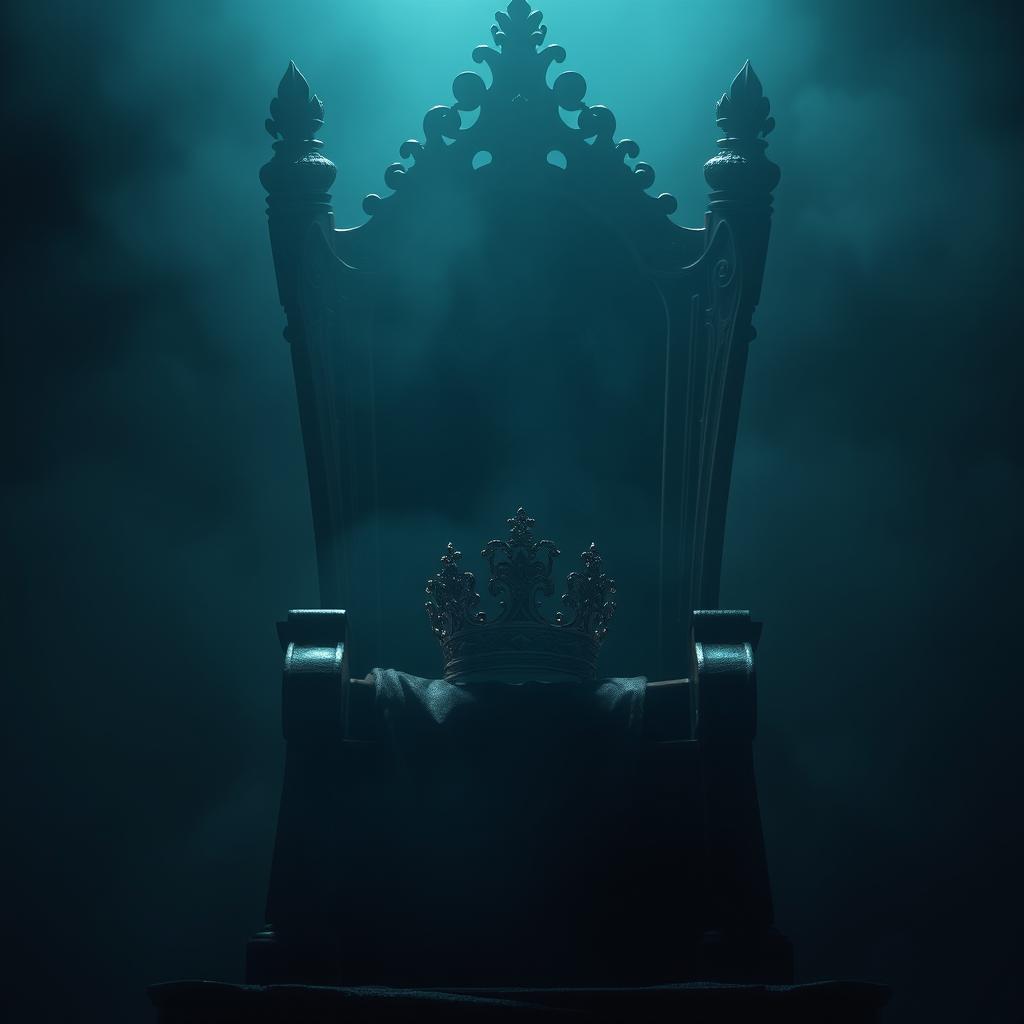 A majestic throne surrounded by eerie shadows, with a beautifully ornate crown sitting on the seat, illuminated by a faint, mysterious light