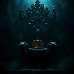 A majestic throne surrounded by eerie shadows, with a beautifully ornate crown sitting on the seat, illuminated by a faint, mysterious light