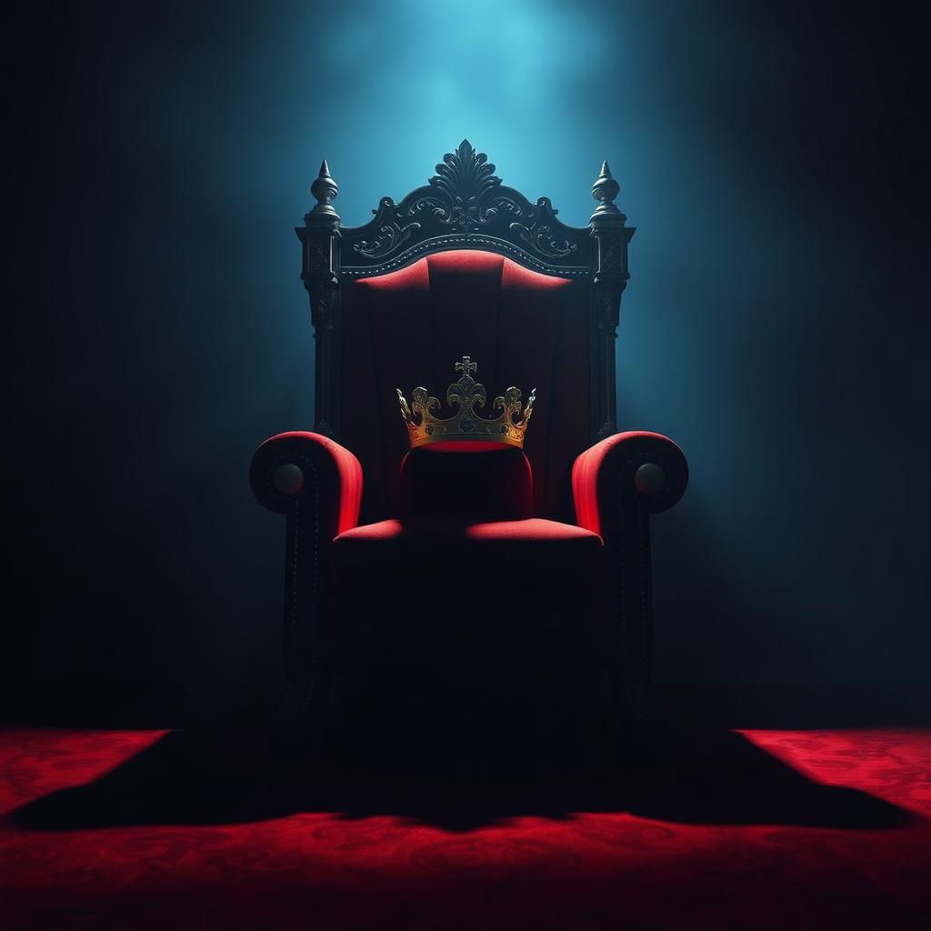 A majestic red throne with a beautifully ornate crown sitting on the seat