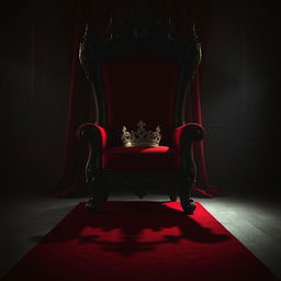 A majestic red throne with a beautifully ornate crown sitting on the seat