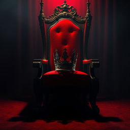 A majestic red throne with a beautifully ornate crown sitting on the seat