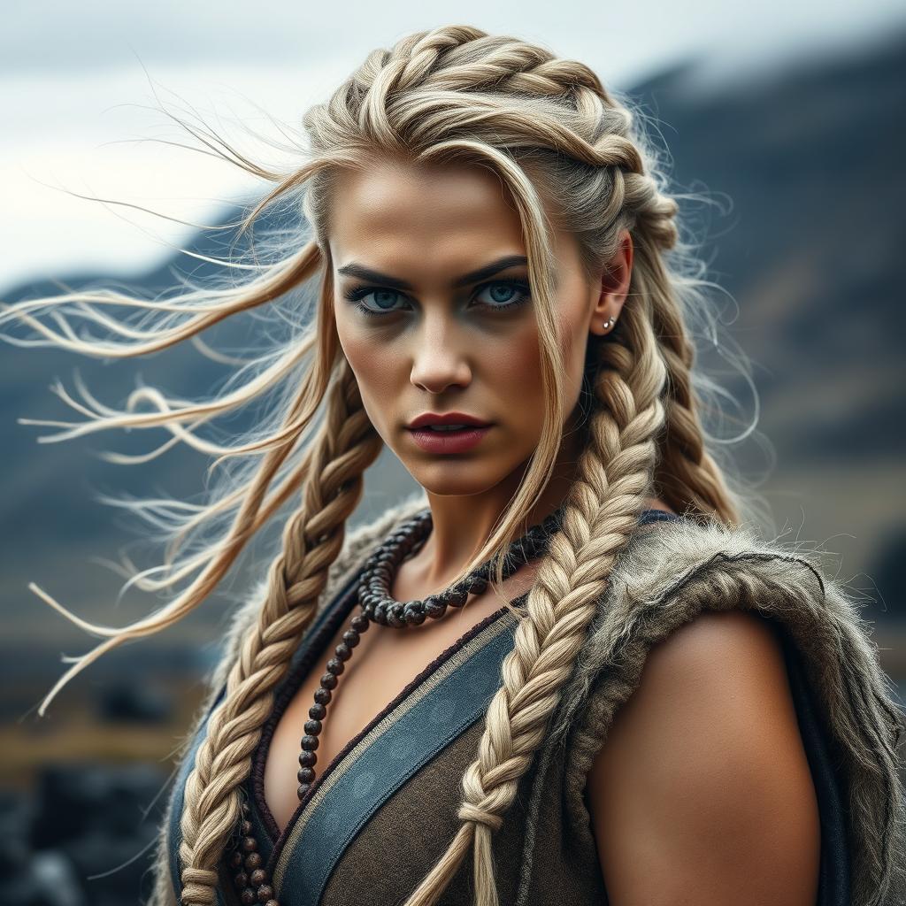 A stunning Icelandic Viking woman with flowing hair and intricate braids, wearing traditional Viking attire with a modern, sensual twist