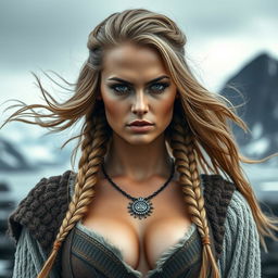 A stunning Icelandic Viking woman with flowing hair and intricate braids, wearing traditional Viking attire with a modern, sensual twist