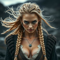 A stunning Icelandic Viking woman with flowing hair and intricate braids, wearing traditional Viking attire with a modern, sensual twist