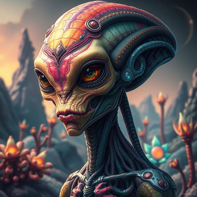 A detailed and imaginative depiction of an alien from another planet