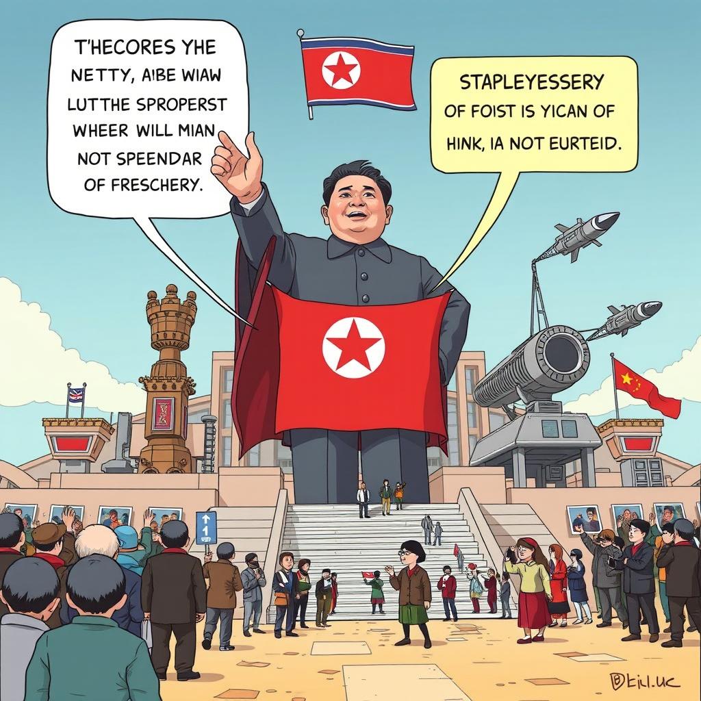 A satirical depiction of North Korean propaganda, showing exaggerated and ridiculous claims about the country's achievements