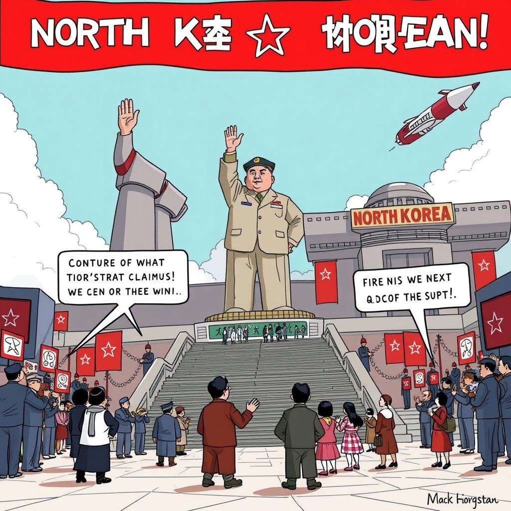 A satirical depiction of North Korean propaganda, showing exaggerated and ridiculous claims about the country's achievements