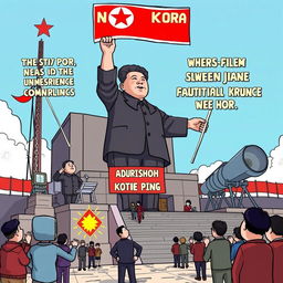 A satirical depiction of North Korean propaganda, showing exaggerated and ridiculous claims about the country's achievements