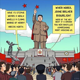 A satirical depiction of North Korean propaganda, showing exaggerated and ridiculous claims about the country's achievements