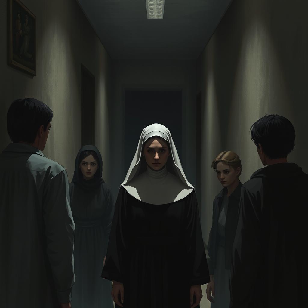 A scene with a nun fully covered from head to toe standing at the end of a corridor