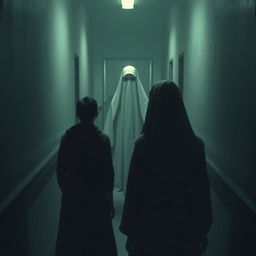 A scene with a nun fully covered from head to toe standing at the end of a corridor