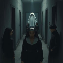 A scene with a nun fully covered from head to toe standing at the end of a corridor