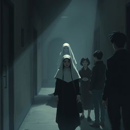 A scene with a nun fully covered from head to toe standing at the end of a corridor