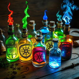 A collection of magical potions in various shaped bottles, glowing with different colors and emitting a mystical aura