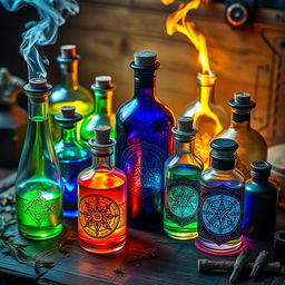 A collection of magical potions in various shaped bottles, glowing with different colors and emitting a mystical aura