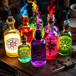 A collection of magical potions in various shaped bottles, glowing with different colors and emitting a mystical aura