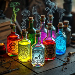 A collection of magical potions in various shaped bottles, glowing with different colors and emitting a mystical aura