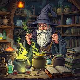 A wizard in a mystical laboratory is making potions