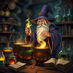 A wizard in a mystical laboratory is making potions