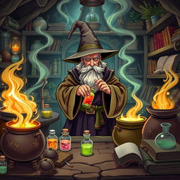 A wizard in a mystical laboratory is making potions