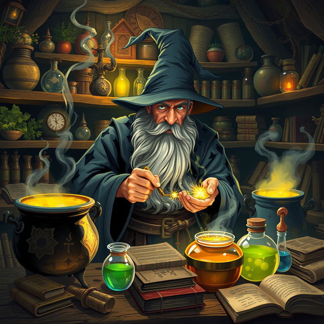 A wizard in a mystical laboratory is making potions