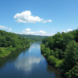 Create an image of a serene landscape with a calm river flowing through a lush green forest