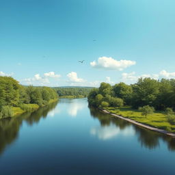 Create an image of a serene landscape with a calm river flowing through a lush green forest