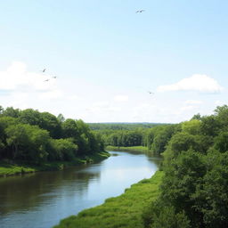 Create an image of a serene landscape with a calm river flowing through a lush green forest