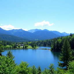 A beautiful landscape featuring a serene lake surrounded by lush green trees and mountains in the background