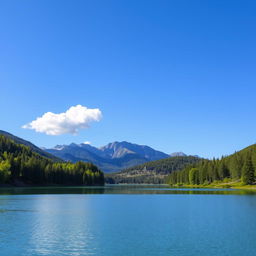 A beautiful landscape featuring a serene lake surrounded by lush green trees and mountains in the background