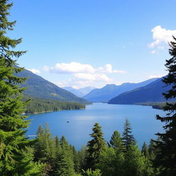 A beautiful landscape featuring a serene lake surrounded by lush green trees and mountains in the background