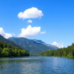 A beautiful landscape featuring a serene lake surrounded by lush green trees and mountains in the background