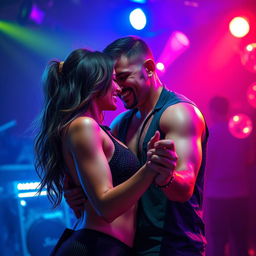 Create an image depicting a passionate and electrifying dance scene between two people in a vibrant, neon-lit night setting